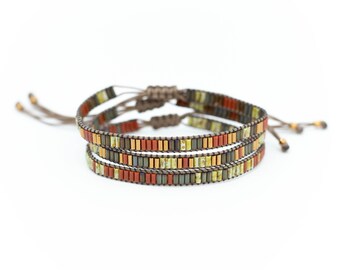 Loom Beaded Bracelet Set, Terracotta Bronze Olive Green, Boho Layering Jewelry