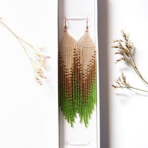 Beaded Dangling earrings , Seed bead earrings, Gift for Her, Fringe bead earrings, Boho earrings, gold and fresh green zdjęcie 5