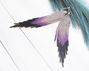 gray, silver, purple, black, long beaded earrings, feather beaded earrings, dangling earrings, boho earrings, Fringe earrings, jewelry gift