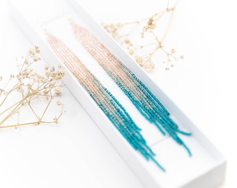 Teal & Pink Gradient Beaded Fringe Earrings: Extra Long Shoulder Dusters