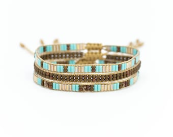 Turquoise Brown Loom Beaded Bracelet Set, Boho Layer Jewelry