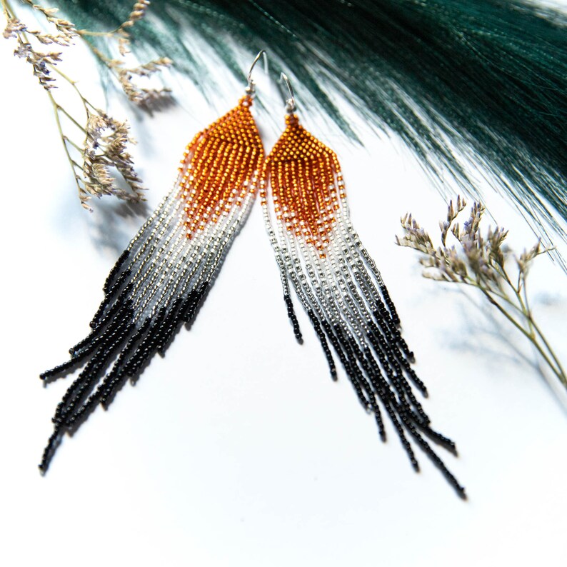 Burnt orange gray white black, Long beaded earrings, Boho gift, seed beaded earrings, fringe beaded earrings, gift for wife image 6