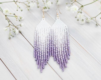 white and lavender, small boho earrings, Dangling earrings, Seed bead earrings, Gift for Her, Fringe bead earrings, ombre earrings
