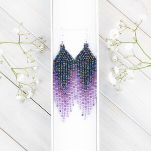 Purple, blue and lavender, small boho earrings, Dangling earrings, Seed bead earrings, Gift for Her, Fringe bead earrings, ombre earrings zdjęcie 3