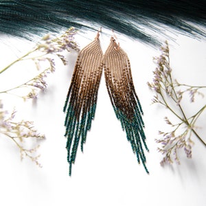 Gold and emerald green long beaded earrings, feather beaded earrings, Earthy colors earrings, Fringe earrings, jewelry gift zdjęcie 7