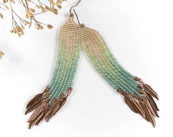 light gold and green seed Bead Earrings, with fringes, Earrings with feathers, seed beaded earrings, Long beaded earrings, earthy colors