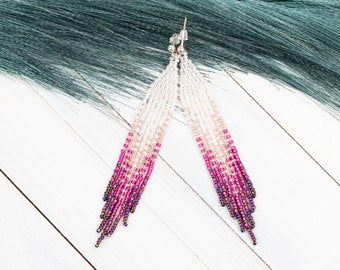 small boho earrings, cream, pink, fruchsia, purple 3 inch earrings, fringe beaded earrings, seed beaded earrings, short earrings