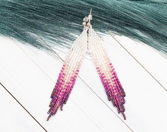 Beaded Boho Fringe Earrings, Cream Pink Purple, 3-Inch