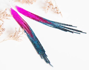 hot pink, magenta, denim blue, nebula blue long beaded earrings, Extra long gradient beaded earrings, Shoulder duster fringe beaded earrings