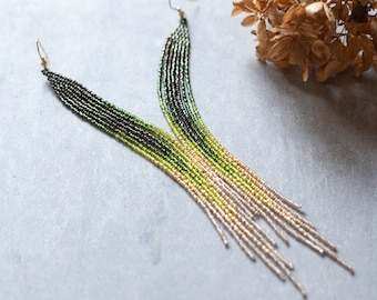 mossy green gold long beaded earrings, Extra long gradient beaded earrings, Shoulder duster fringe beaded earrings