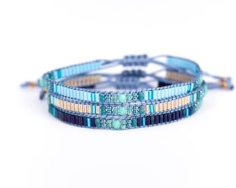 Blue Crystal Loom Beaded Bracelet Set, Boho Layer Bracelets