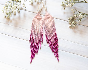 pink small boho earrings, 3 inch earrings, fringe beaded earrings, seed beaded earrings, short earrings