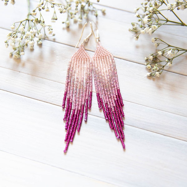 pink small boho earrings, 3 inch earrings, fringe beaded earrings, seed beaded earrings, short earrings
