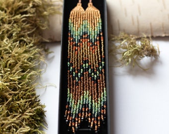 Extra long fringe beaded earrings Seed bead earrings 6.5 inch beaded earrings Bronze rust green earrings Shoulder duster seed bead earrings