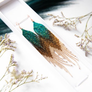 Gold and emerald green long beaded earrings, feather beaded earrings, Earthy colors earrings, Fringe earrings, jewelry gift zdjęcie 4