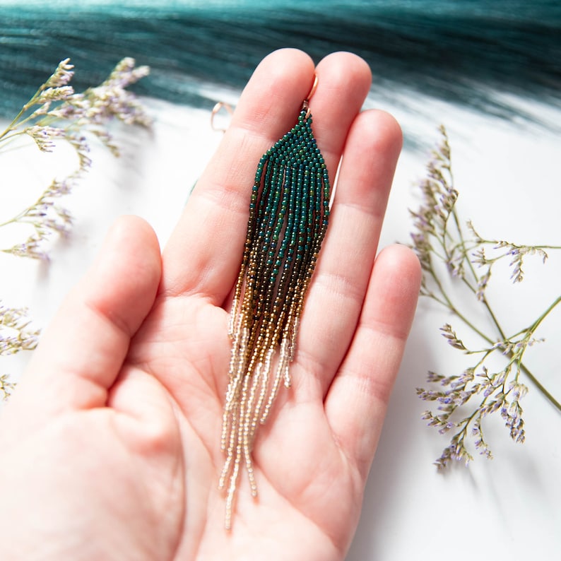 Gold and emerald green long beaded earrings, feather beaded earrings, Earthy colors earrings, Fringe earrings, jewelry gift zdjęcie 9