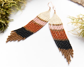 beige pink rust black beaded long fringe earrings
