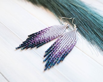 Purple Ombre Seed Bead Fringe Earrings, Boho Dangle Earrings