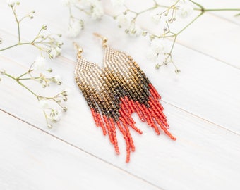 gold, brown and red small boho earrings, 3 inch earrings, fringe beaded earrings, seed beaded earrings, short earrings