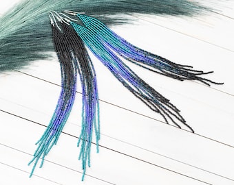 Teal Cobalt Black Beaded Fringe Earrings, Long Southwestern Style