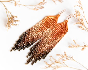 burnt orange, gold, brown beaded long fringe earrings, seed beaded earrings