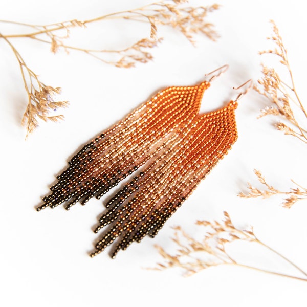burnt orange, gold, brown beaded long fringe earrings, seed beaded earrings