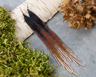 Rust and gold beaded earrings, Extra long gradient beaded earrings, Shoulder duster black, Earthy colors earrings