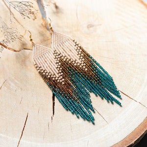 Ombre beaded earrings Fringe beaded earrings Long beaded earrings Peach bronze and teal colors earrings Gradient beaded earrings