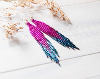 small boho earrings, hot pink magenta and blue 3 inch earrings, fringe beaded earrings, seed beaded earrings, short earrings