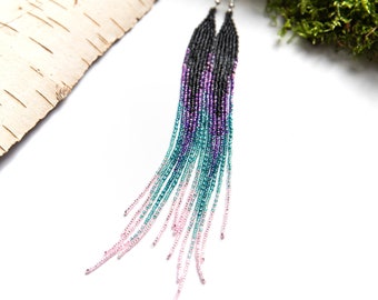 teal and purple long beaded earrings, Extra long gradient beaded earrings, Shoulder duster fringe beaded earrings
