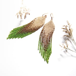 Beaded Dangling earrings , Seed bead earrings, Gift for Her, Fringe bead earrings, Boho earrings, gold and fresh green zdjęcie 1