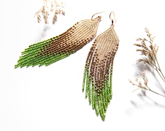 Beaded Dangling earrings , Seed bead earrings, Gift for Her, Fringe bead earrings, Boho earrings, gold and fresh green