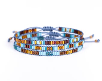Loom Beaded Bracelet Set, Blue Brown Gold, Boho Layer Bracelets