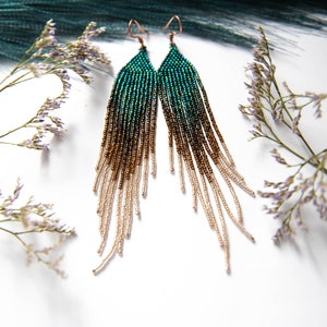 Gold and emerald green long beaded earrings, feather beaded earrings, Earthy colors earrings, Fringe earrings, jewelry gift zdjęcie 6