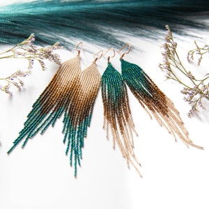 Gold and emerald green long beaded earrings, feather beaded earrings, Earthy colors earrings, Fringe earrings, jewelry gift