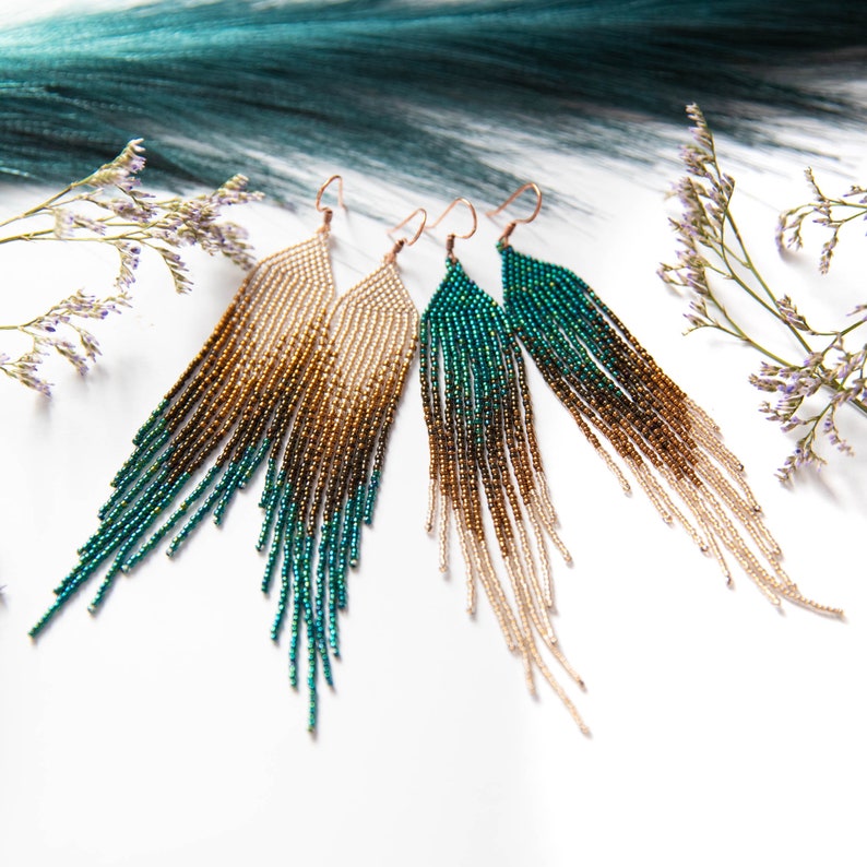 Gold and emerald green long beaded earrings, feather beaded earrings, Earthy colors earrings, Fringe earrings, jewelry gift zdjęcie 1