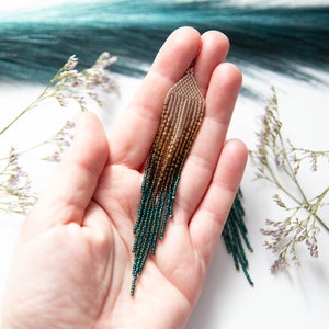 Gold and emerald green long beaded earrings, feather beaded earrings, Earthy colors earrings, Fringe earrings, jewelry gift zdjęcie 8