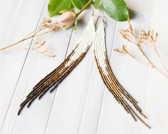 Long ecru, bronze, brown earrings, Shoulder duster earrings, Extra long earrings, Very long beaded earrings, Seed bead earrings