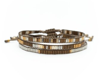 Loom Beaded Layer Bracelet Set: Brown Bronze Silver Boho Jewelry