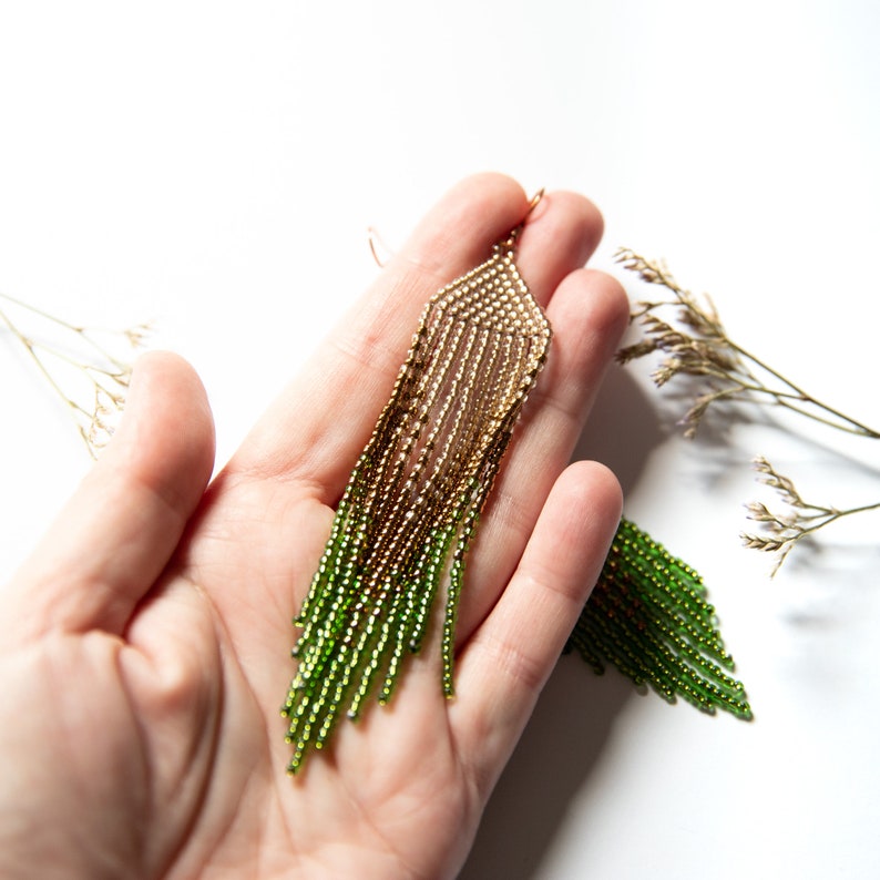 Beaded Dangling earrings , Seed bead earrings, Gift for Her, Fringe bead earrings, Boho earrings, gold and fresh green zdjęcie 4