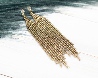 small boho earrings, old gold 3 inch earrings, fringe beaded earrings, seed beaded earrings, short earrings