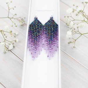 Purple, blue and lavender, small boho earrings, Dangling earrings, Seed bead earrings, Gift for Her, Fringe bead earrings, ombre earrings image 6