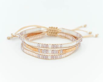 Delicate Beaded Bracelet Set, White, Rose Gold, Pink, Boho Jewelry