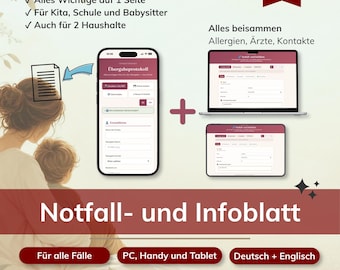 Nood- en informatieblad voor kinderen | Digitaal sjabloon om in te vullen en af ​​te drukken | Contactpersonen voor noodgevallen, allergieën, artsen | Kinderopvang & babysitter