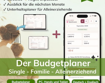 Budgetplaner Alleinerziehende Deutsch Englisch, Haushaltsbuch digital 50/30/20 Regel, Ratenkäufe Sparziel, Handy & PC Sofort-Download
