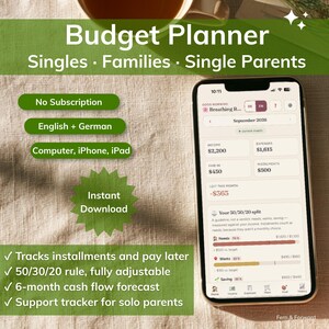 Könnte beinhalten: Ein digitaler Budgetplaner auf einem Smartphone-Bildschirm mit Finanzdaten für September 2026, Einnahmen, Ausgaben und einer 50/30/20-Aufteilung. Der Text umfasst Budget Planner, Singles, Families, Single Parents, No Subscription, English + German, Computer, iPhone, iPad und Instant Download.