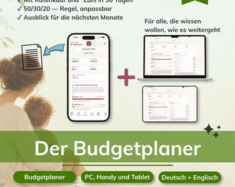 Budgetplaner Alleinerziehende Deutsch Englisch, Haushaltsbuch digital 50/30/20 Regel, Ratenkäufe Sparziel, Handy PC Sofort-Download
