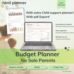 Könnte beinhalten: Ein digitaler Budgetplaner für Alleinerziehende auf einem Laptop-Bildschirm mit monatlicher und jährlicher Übersicht, Unterhaltsverfolgung und PDF-Export. Die Benutzeroberfläche umfasst Diagramme, Ausgabenzusammenfassungen und eine einfache Web-Navigation.