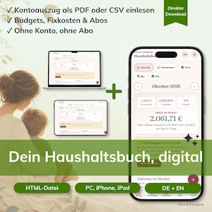 Haushaltsbuch digital deutsch, Kontoauszug-Import, Budgetplaner & Finanzplaner, Einnahmen Ausgaben,  Fixkosten, HTML-Datei iPhone iPad PC