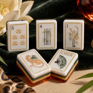 May include: Five rectangular mahjong tiles with white faces and layered amber, green, and yellow bases. The tiles feature detailed illustrations including a number five with lotus flowers, a number four with bamboo, a number one with a crane, a leopard, and a joker tile with a fan.